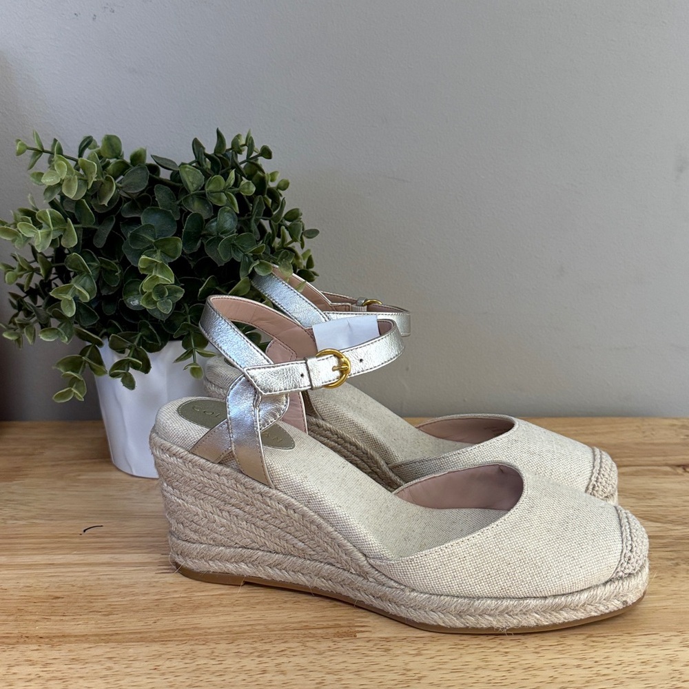 Cole Haan Wedge Sandals in Beige with Metallic Ankle Strap